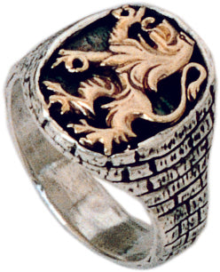 14k Gold 'Lion of Judah' Set in a small 'Jerusalem' Sterling Silver Ring - Biblicaljewels