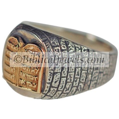 14k Gold 'Ten Commandments' set in silver ring - Made in Jerusalem